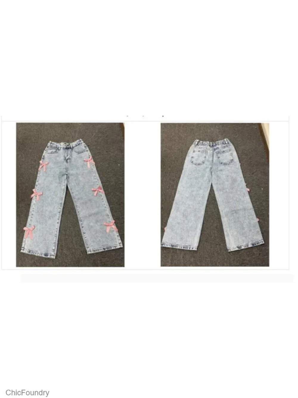 Girls Baggy Wide Leg Bow Jeans High Elastic Waist Y2K Streetwear Denim Pants